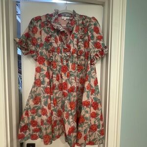 entro Coral Floral Ruffle Blouse with Teal Leaves